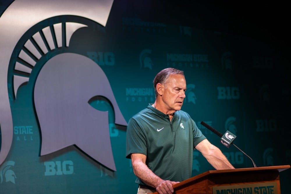 Head coach Mark Dantonio answers questions from the media on Aug. 6 at Spartan Stadium.