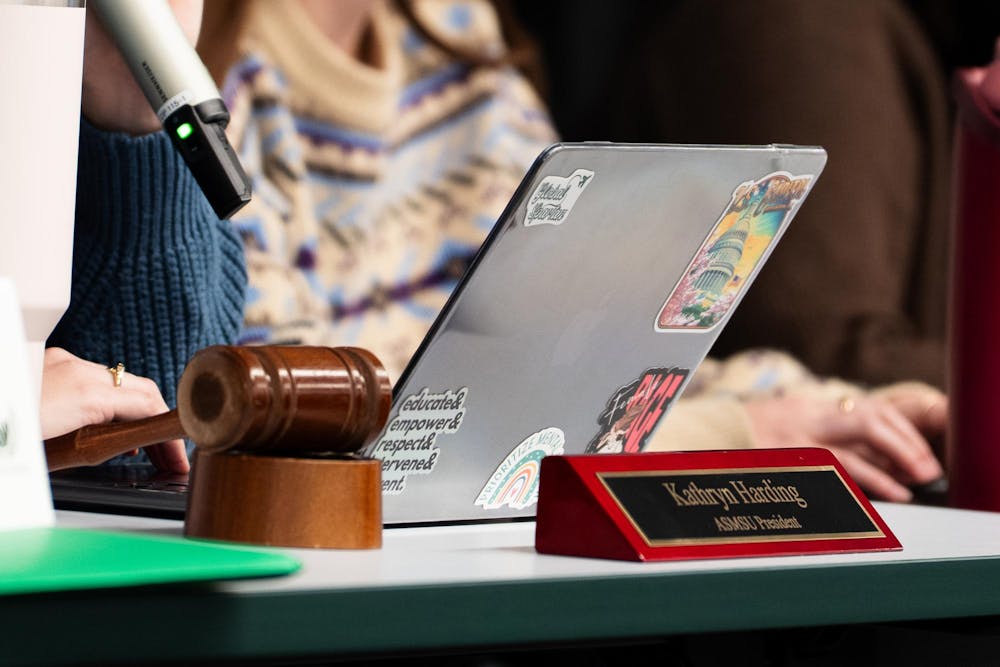 <p>ASMSU president Kathryn Harding's desk moments before she dismisses the General Assembly from the International Center in East Lansing, Michigan on Jan. 22nd, 2026.</p>