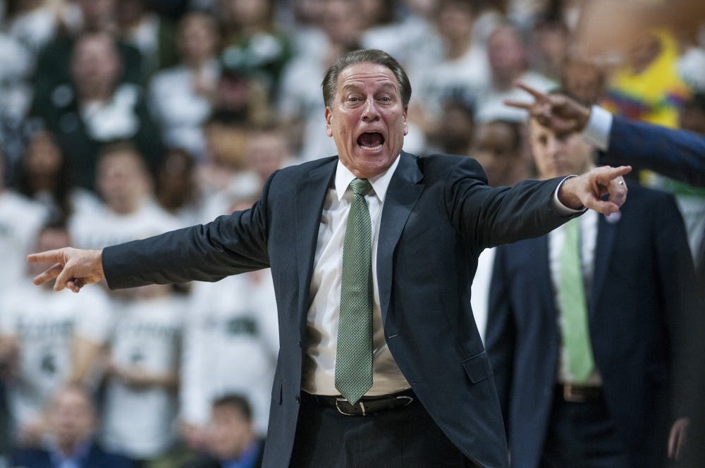 <p>Head coach Tom Izzo shows emotion during the first half of the men's basketball game against Wisconsin on Feb. 26, 2017 at Breslin Center. The Spartans led the half against the Badgers, 38-37.</p>