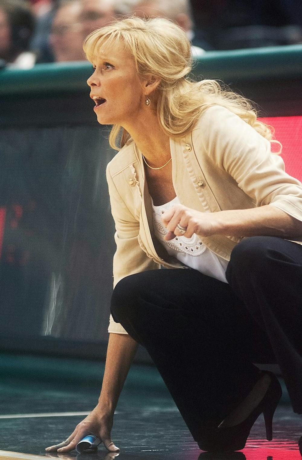 	<p>Head coach Suzy Merchant yells to her players Jan. 9, 2014, at Breslin Center. The Spartans defeated the Cornhuskers, 70-57. Erin Hampton/The State News</p>