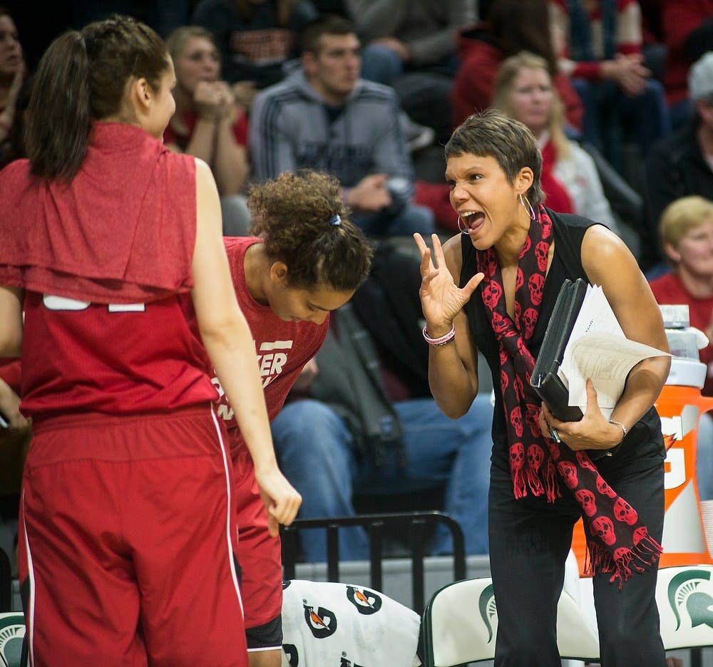 <p>Nebraska assistant coach Shimmy Gray-Miller reacts to a scored point Jan. 8, 2015, during the game at Breslin Center. The Spartans were defeated by the Huskers, 71-67. Erin Hampton/The State News</p>