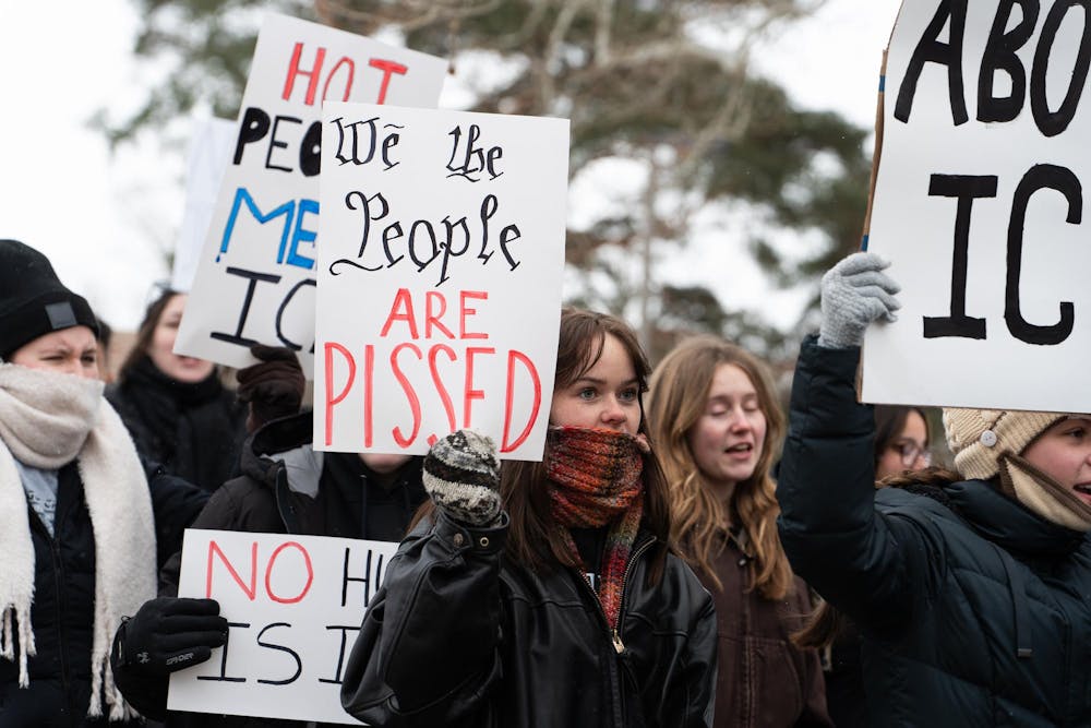 <p>Students protest ICE while walking to Michigan State's Spartan Statue in East Lansing, Michigan on Thursday, Jan. 29, 2026.</p>