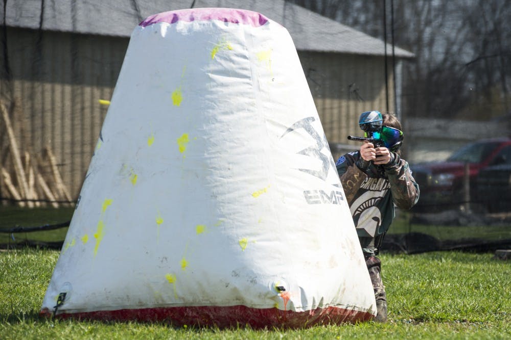 Graduate student Chris Richard aims his gun during the MSU Paintball Club's practice on April 15, 2017 at TC Paintball Lansing in Charlotte, Mich. The MSU Paintball Club is a part of the midwest region in the National Collegiate Paintball Association.