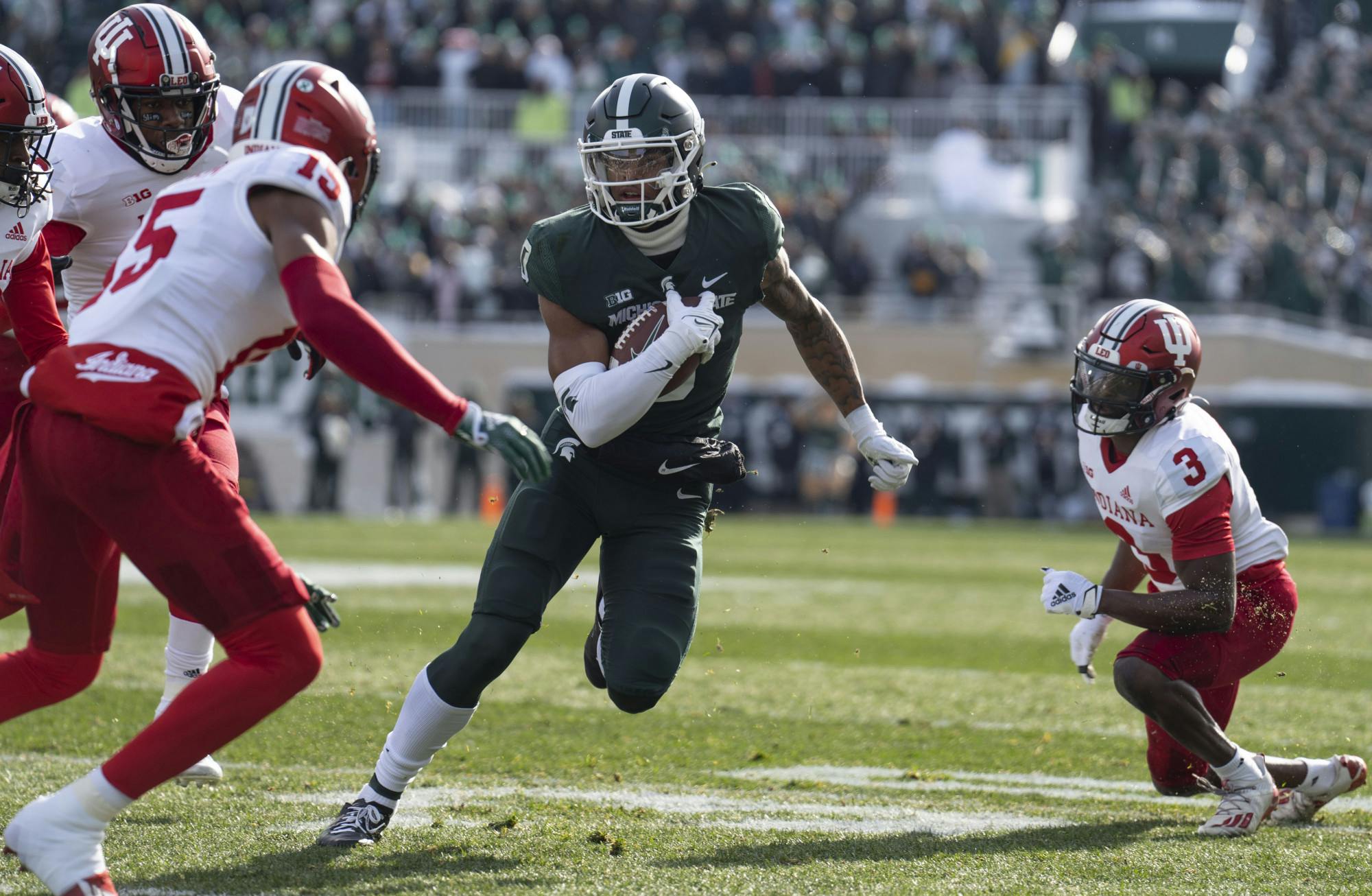 <p>Sophomore wide receiver Keon Coleman, 0, during Michigan State’s last game at home against Indiana on Saturday, Nov. 19, 2022 at Spartan Stadium. Indiana ultimately beat the Spartans, 39-31.</p>