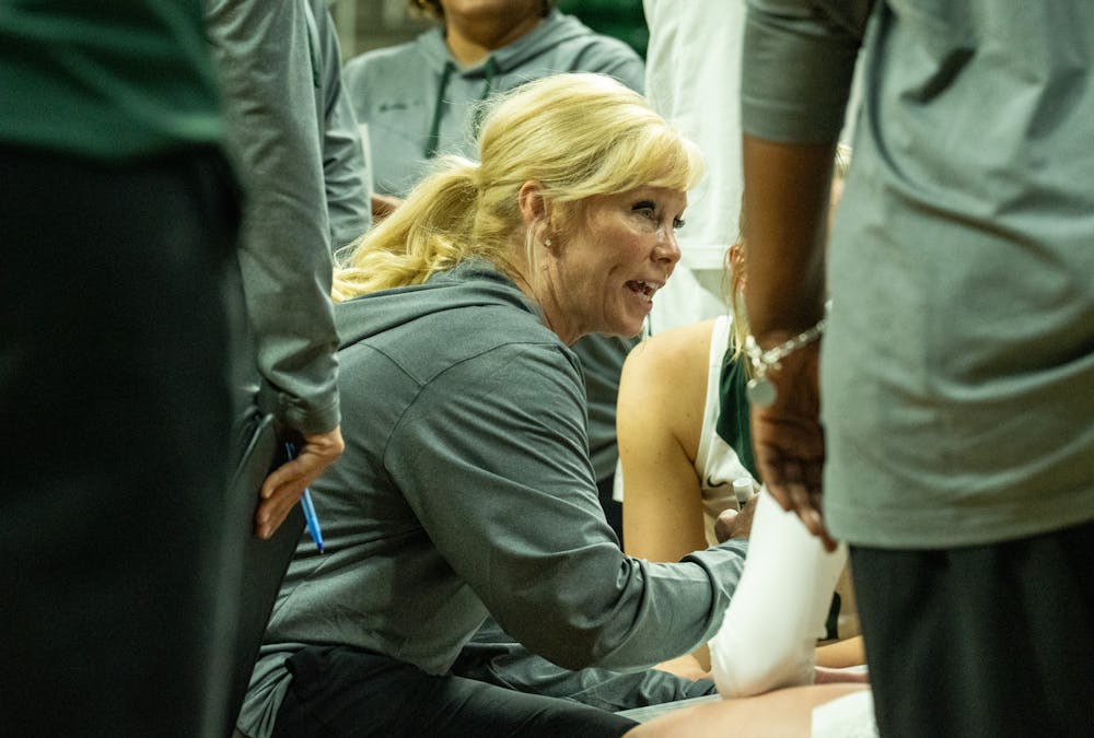 <p>Head Women&#x27;s Basketball Coach Suzy Merchant gives the MSU women&#x27;s basketball team a game plan at the game against Oakland at the Breslin Center on Nov. 15, 2022. The Spartans defeated the Grizzlies 85-39.  </p>