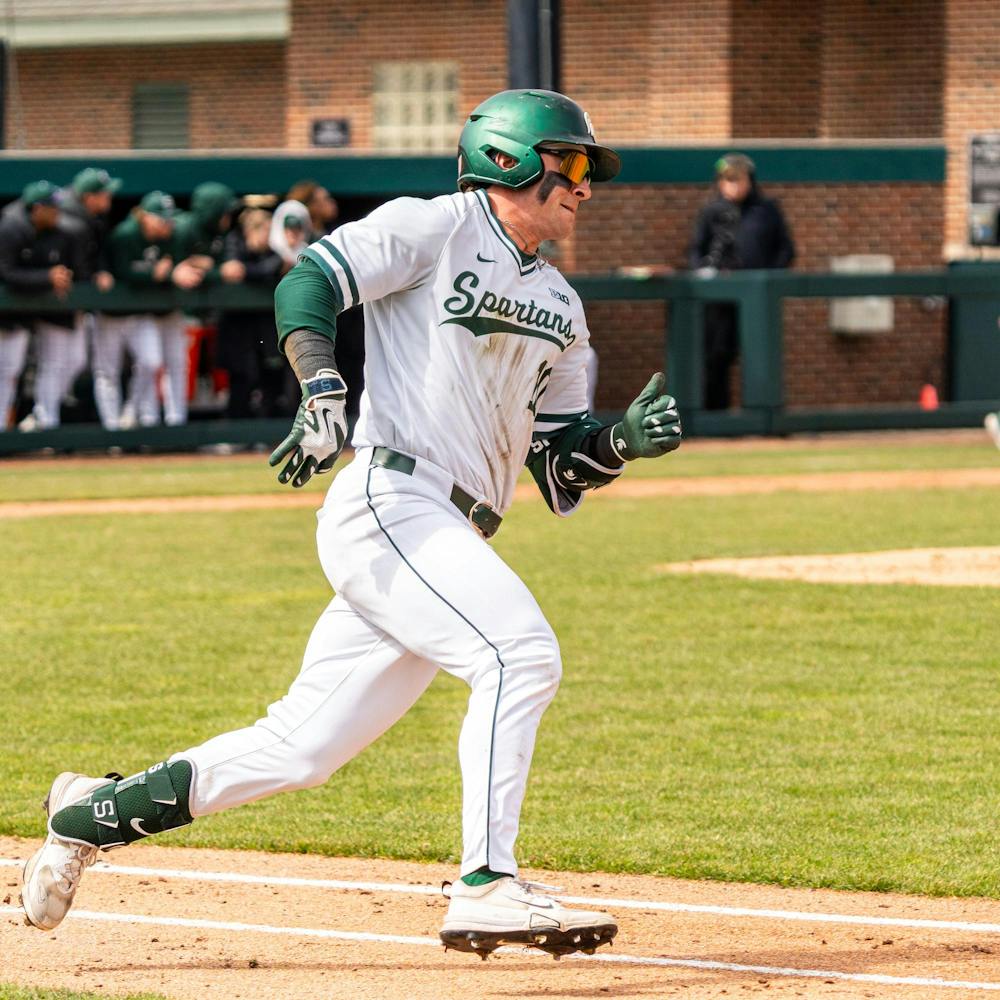 MSU R-Sr. OF, Nick Williams (10) runs to first base in the Jeff Ishbia Field in McLane Stadium in East Lansing, MI on March 21, 2026.