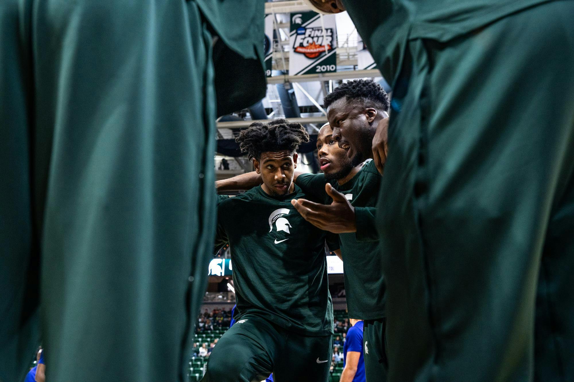 <p>Michigan State University mens basketball team giving each other a pep talk before the game against Alcorn State University on Nov. 19, 2023. </p>