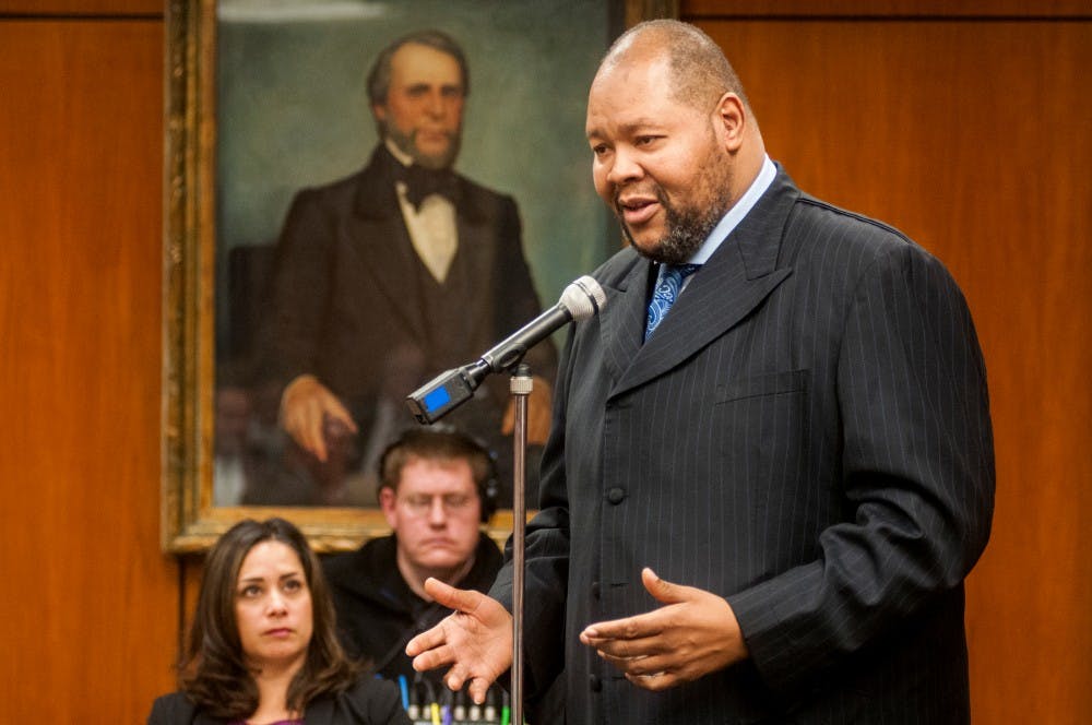 Flint city council member Kerry Nelson speaks during an MSU board of trustees meeting on Feb.19, 2016 at the Hannah Administration Building. During the meeting, members of the board discussed various topics, including the University's efforts to help the individuals dealing with the water crisis in Flint.