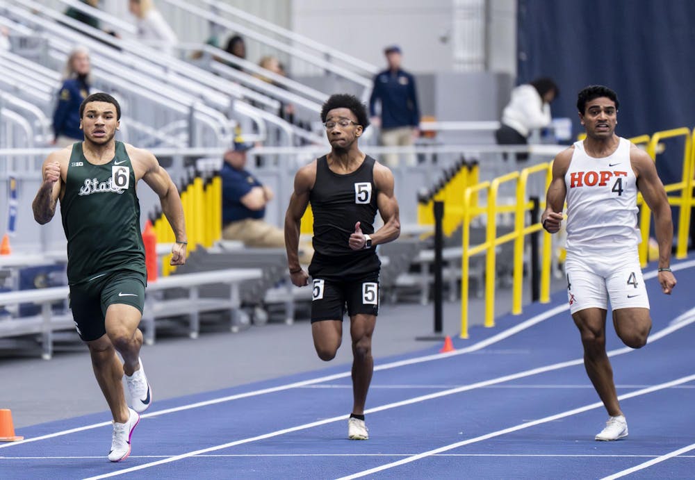 <p>A Michigan State runner wins a race at the UM indoor track building in Ann Arbor, Mich. on Feb. 20, 2026.</p>