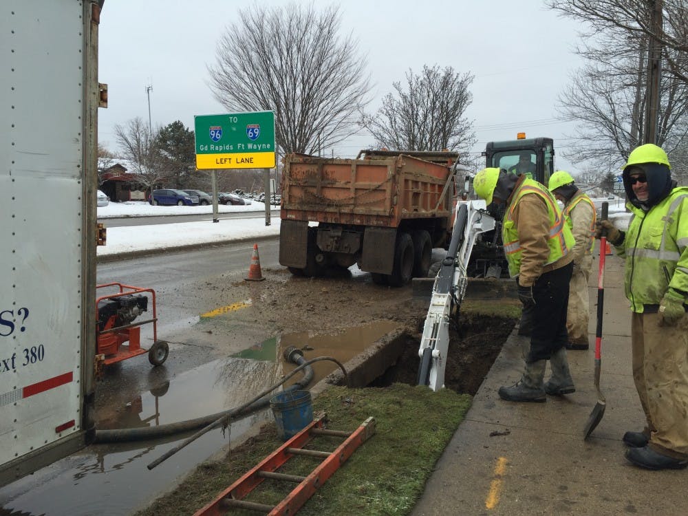 <p>Repair crews were working to fix a broken pipe on Trowbridge Road on&nbsp;Tuesday morning.</p>