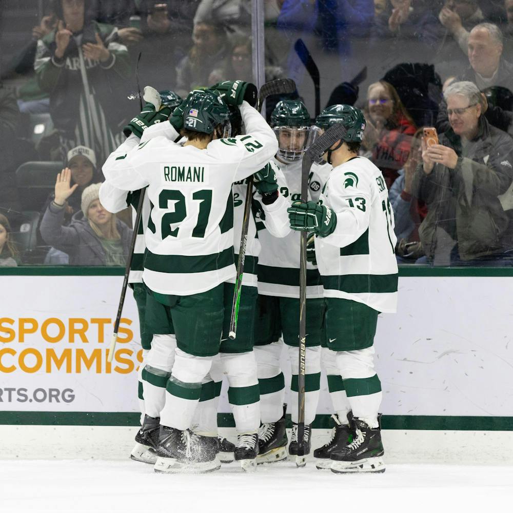<p>MSU players celebrate their goal at Munn Ice Arena in East Lansing, MI on Jan. 23, 2026.</p>