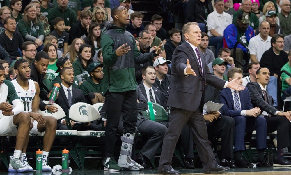 <p>Junior guard Joshua Langford (1) shouts to other players during the game against Northwestern University on Jan. 2, 2019, at Breslin Center. The Spartans defeated the Wildcats, 81-55. Langford is out with an injury to his left ankle.</p>
