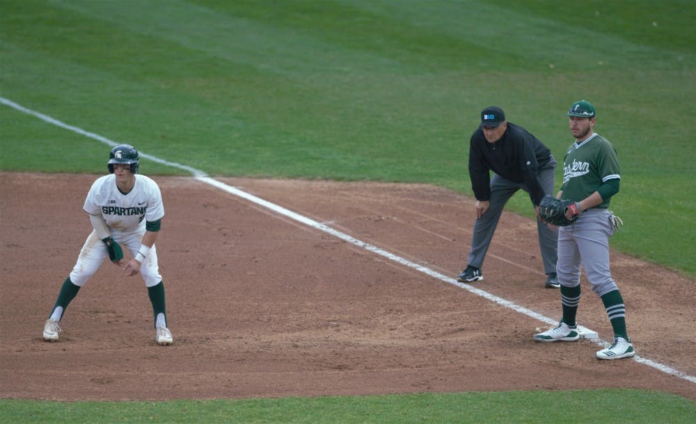 <p>Senior infielder Marty Bechina (2) looks to steal a base during the game with Eastern Michigan at McLane Baseball Stadium on April 17, 2019.  MSU defeated EMU 5-3.</p>