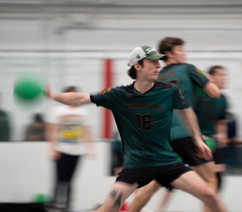 Senior Zach VanFleet (18) prepares to throw the ball against Grand Valley University during the 2026 Michigan Dodgeball Cup at Demonstration Hall on Feb. 21, 2026.