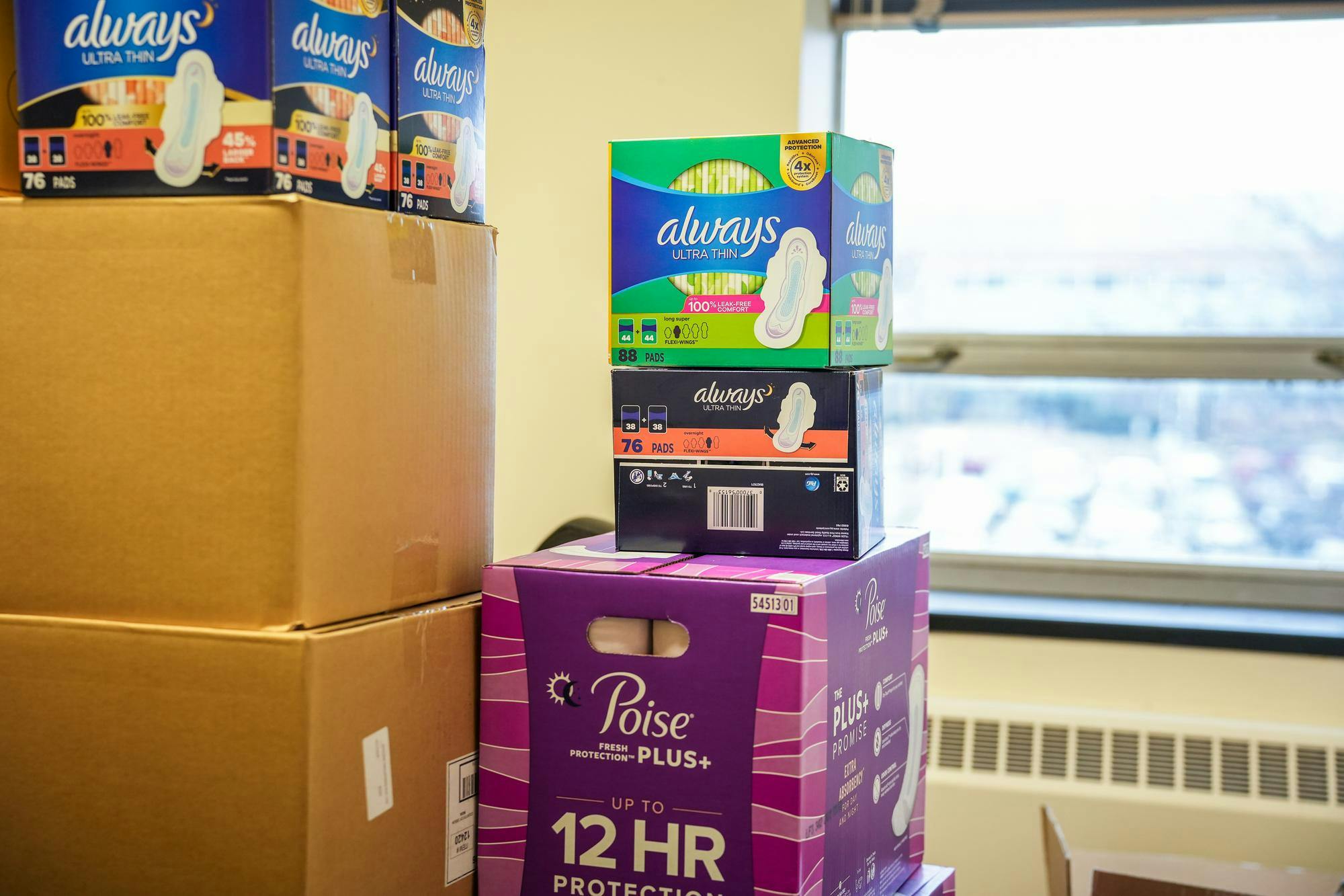 <p>Menstrual product donations towards women in Gaza lacking menstrual products in room 206 of the International Center on Feb. 5, 2024. SUPR, ACS and PPGA are holding this drive to help women in Gaza who are delaying their period via a pill or are not using hygienic products; affecting their overall health.</p>