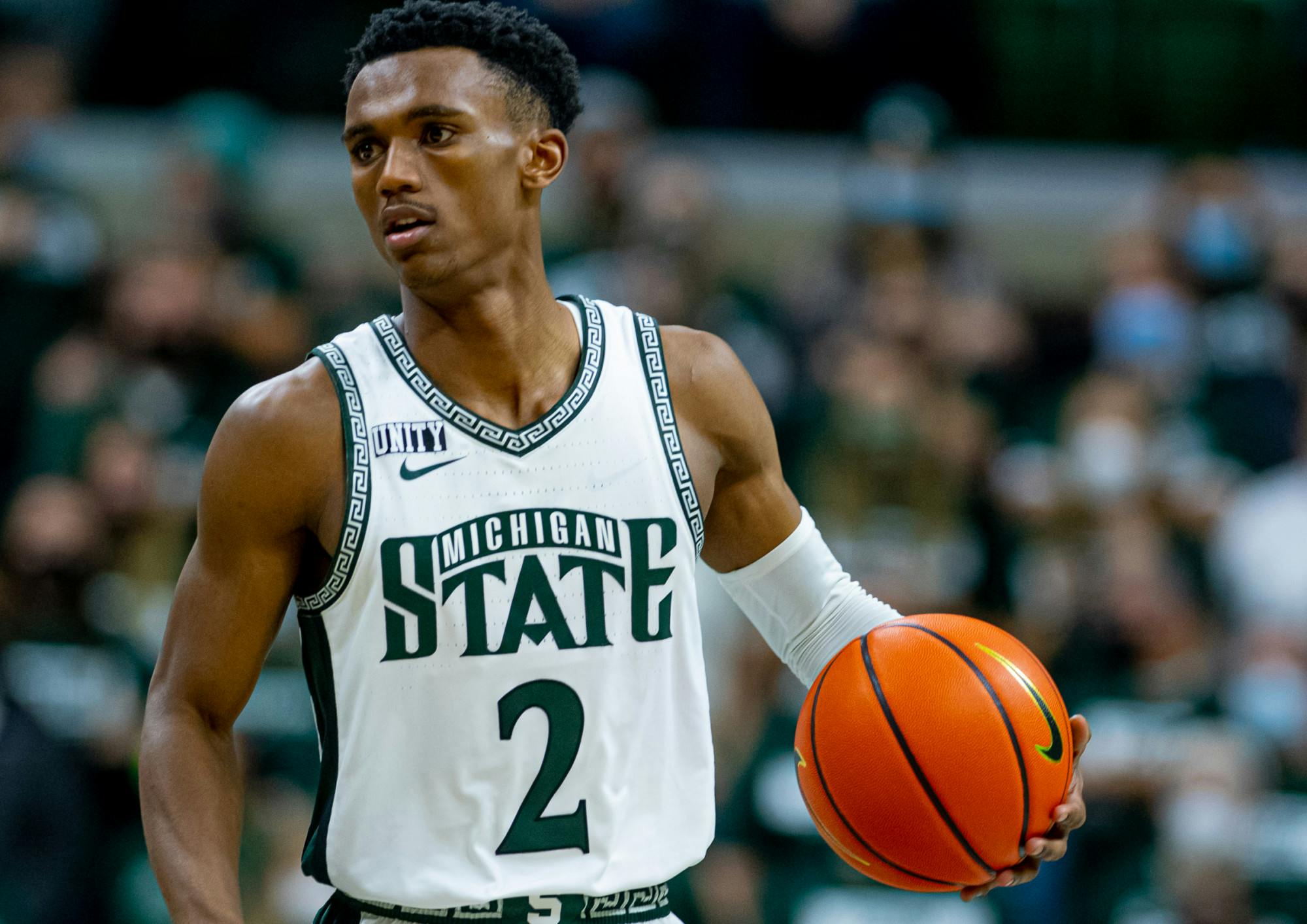 Junior guard Tyson Walker moves the ball up the court during the Spartans' 79-67 win over Nebraska on Jan. 5, 2022.