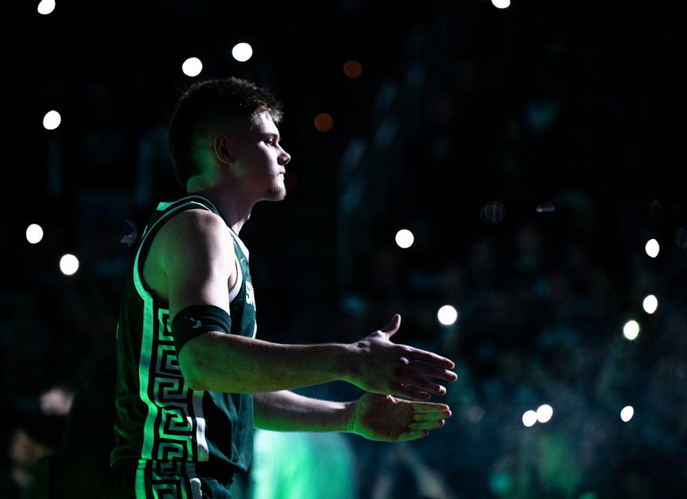 Michigan State junior forward Jaxon Kohler (0) enters the court prior to a game against the University of Washington at the Breslin Center in East Lansing, Michigan on January 9, 2025. Michigan State won 88-54. 