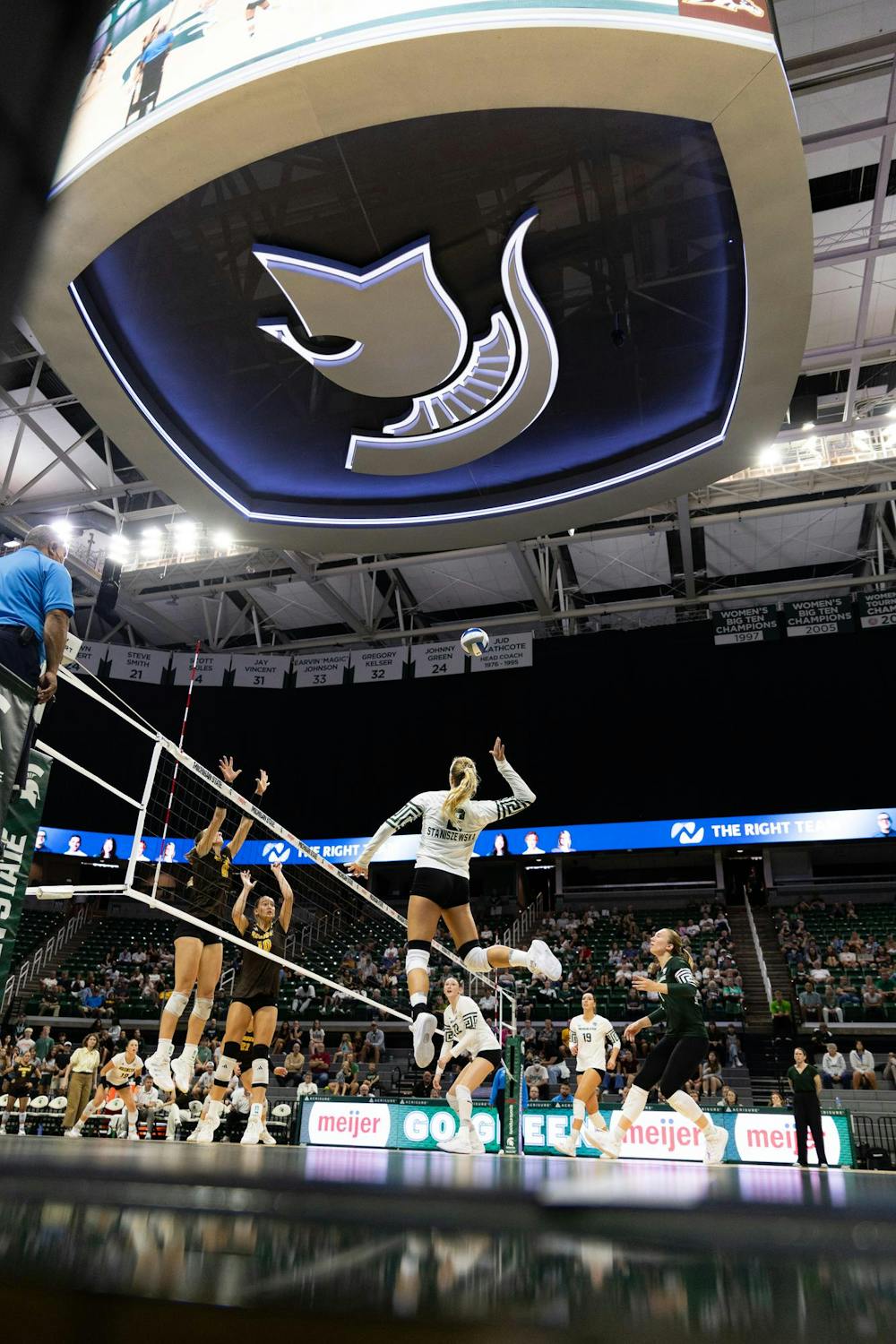 <p>Michigan State senior outside hitter Karolina Staniszewska (2) spikes the ball during the Michigan State vs Western Michigan volleyball game at the Breslin Center on Tuesday, Sept. 8, 2026.</p>