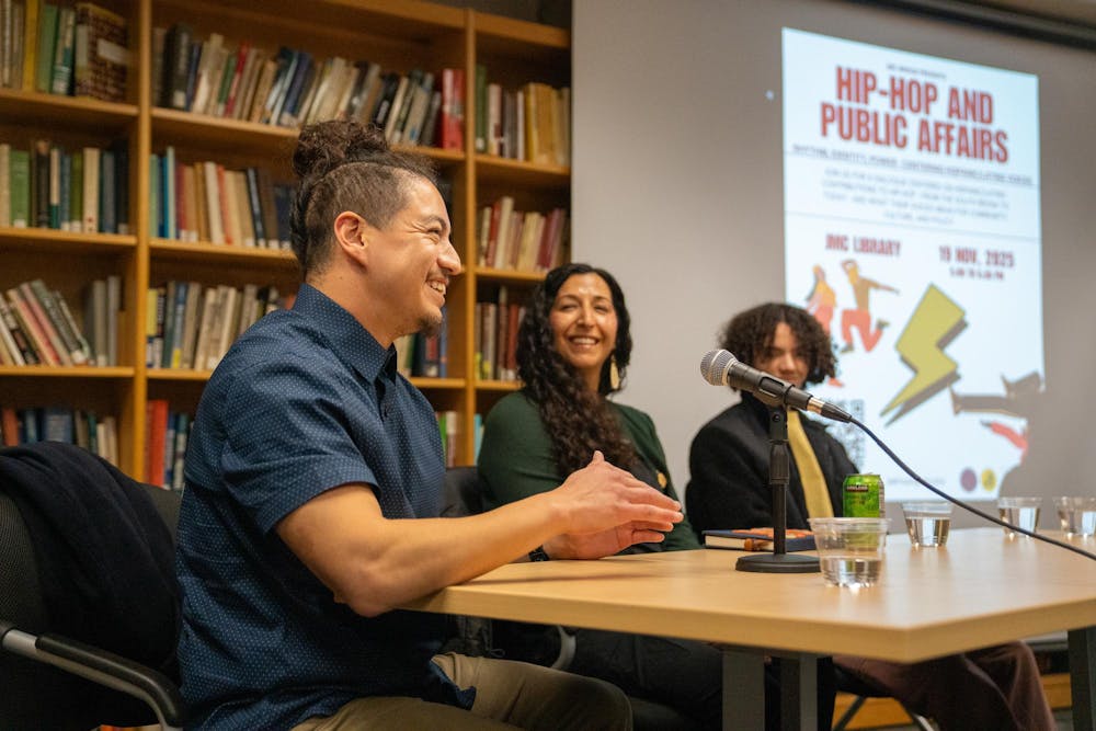 <p>Panelists speak during the Hip Hop and Public Affairs series highlighting Hispanic and Latinx voices in Case Hall in East Lansing, Michigan on Wednesday, Nov. 19, 2025. </p>