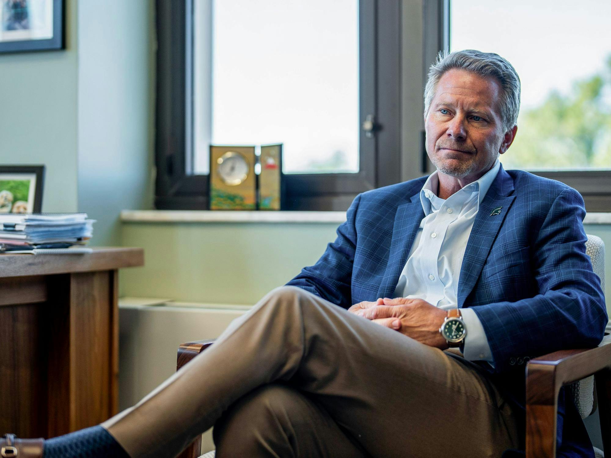 <p>Michigan State University president Kevin Guskiewicz in his office in the Hannah Administration Building in East Lansing, Michigan on Oct. 9, 2025.</p>