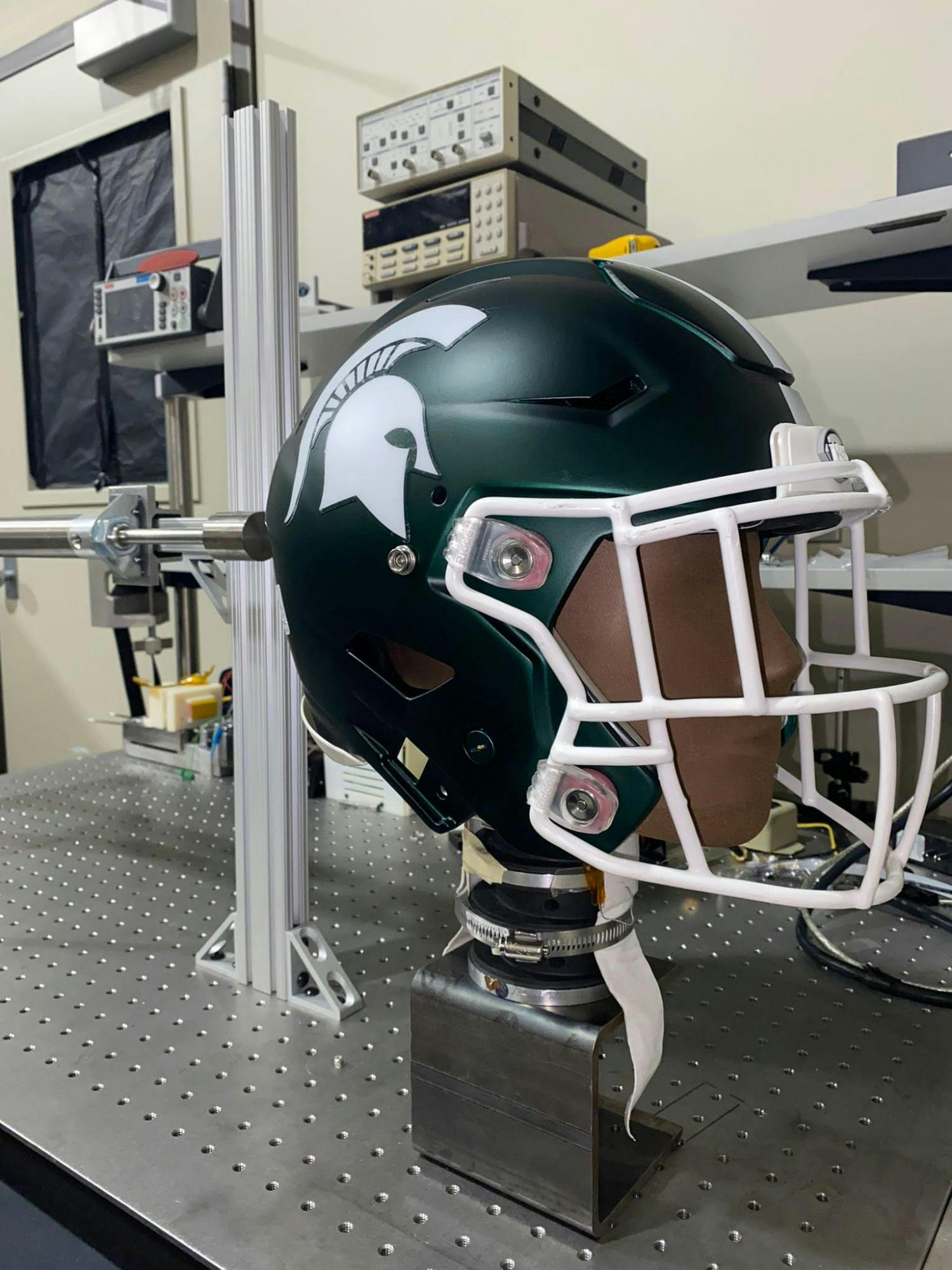 <p>Model used by MSU researchers in developing new neck banadages to help detect concussions. Photo courtesy of Gerardo Morales-Torres.</p>
