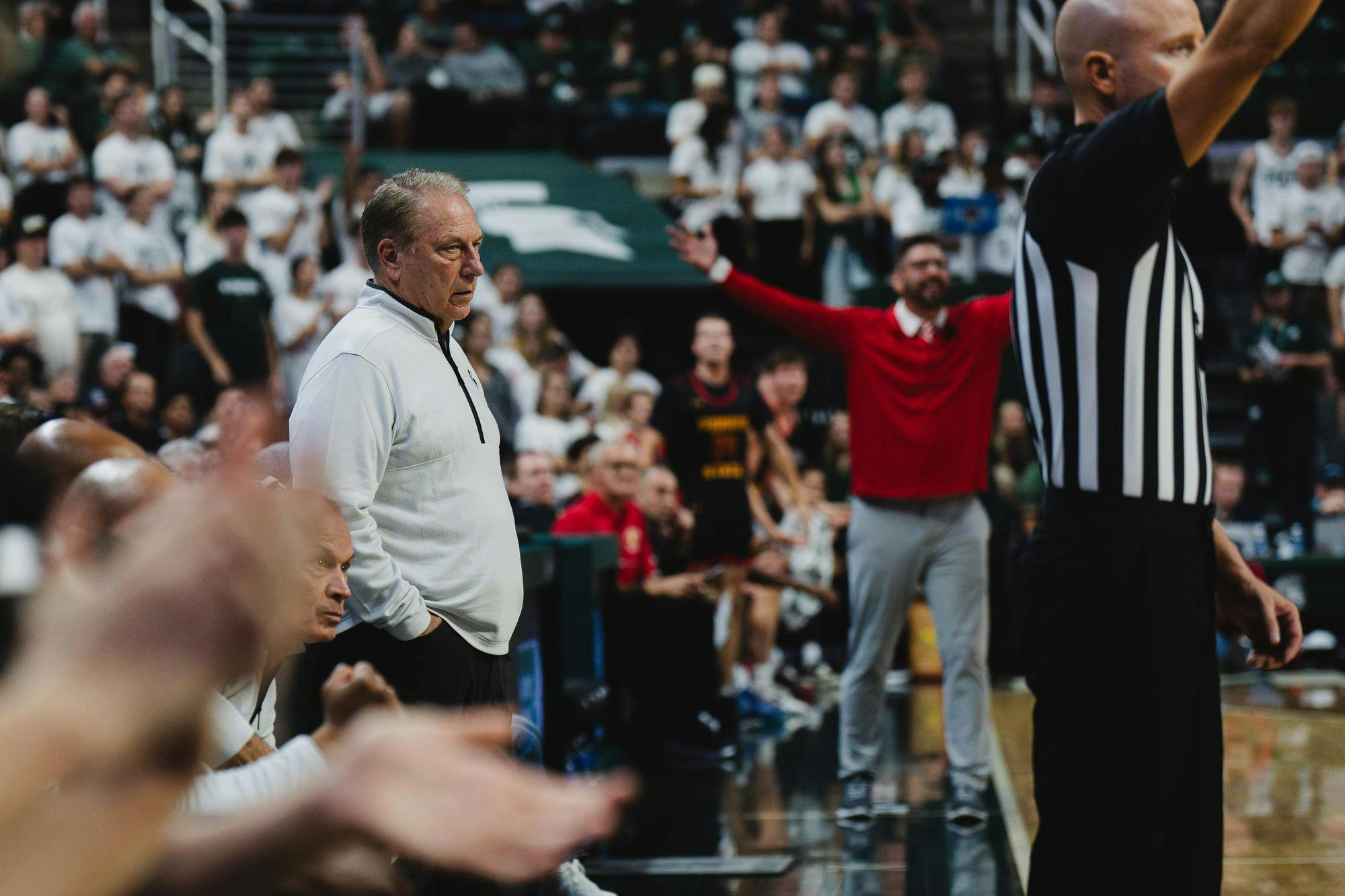 MSU head coach Tom Izzo observes his team on defense during an exhibition matchup against Ferris State at the Breslin Center on Oct. 29, 2024.