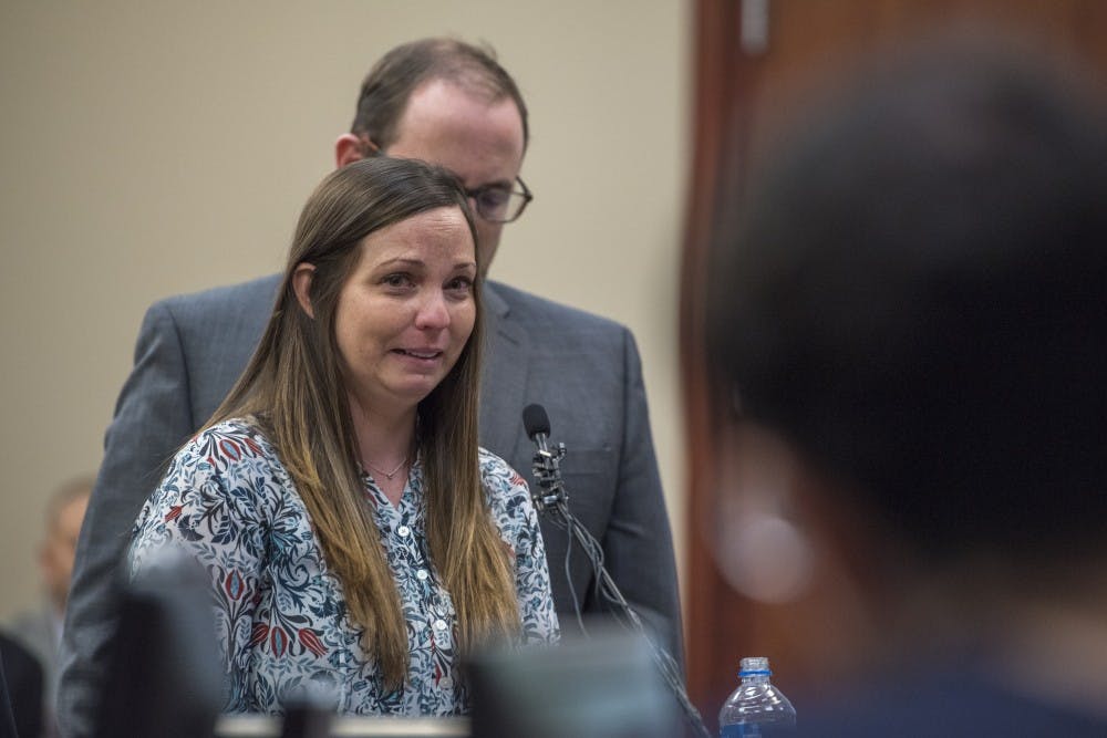 Brianne Randall gives a statement on the sixth day of Ex-MSU and USA Gymnastics Dr. Larry Nassar's sentencing on Jan. 23, 2018 at the Ingham County Circuit Court in Lansing. (Nic Antaya | The State News)