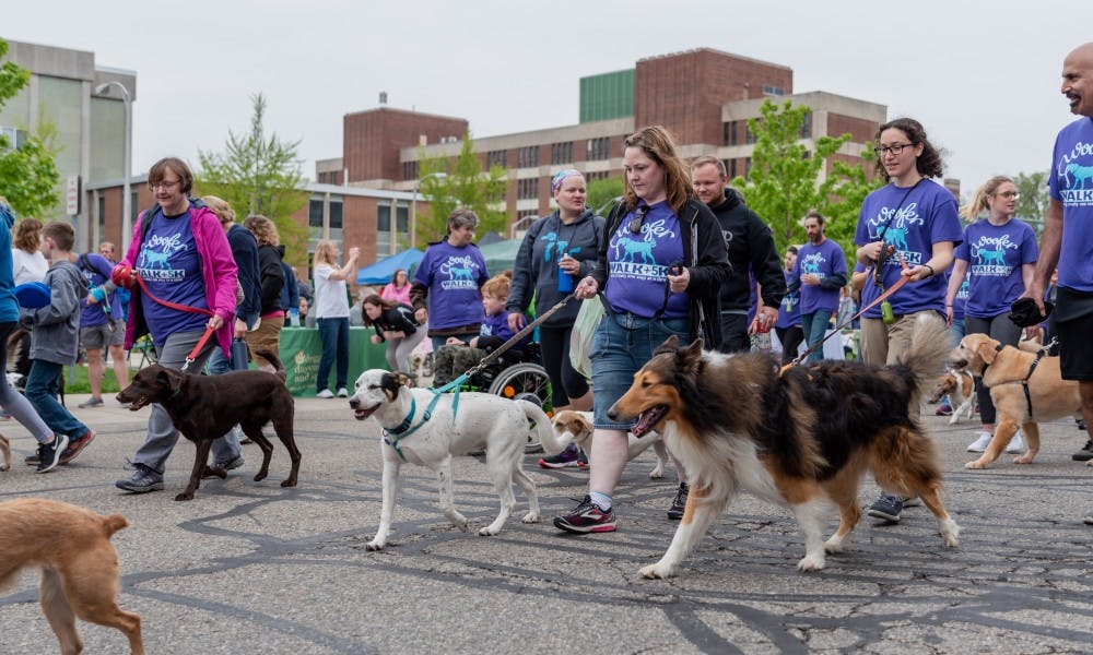 Owners and their dogs begin walking at the Woofer Walk and 5k at Michigan State University on May 18, 2019. 