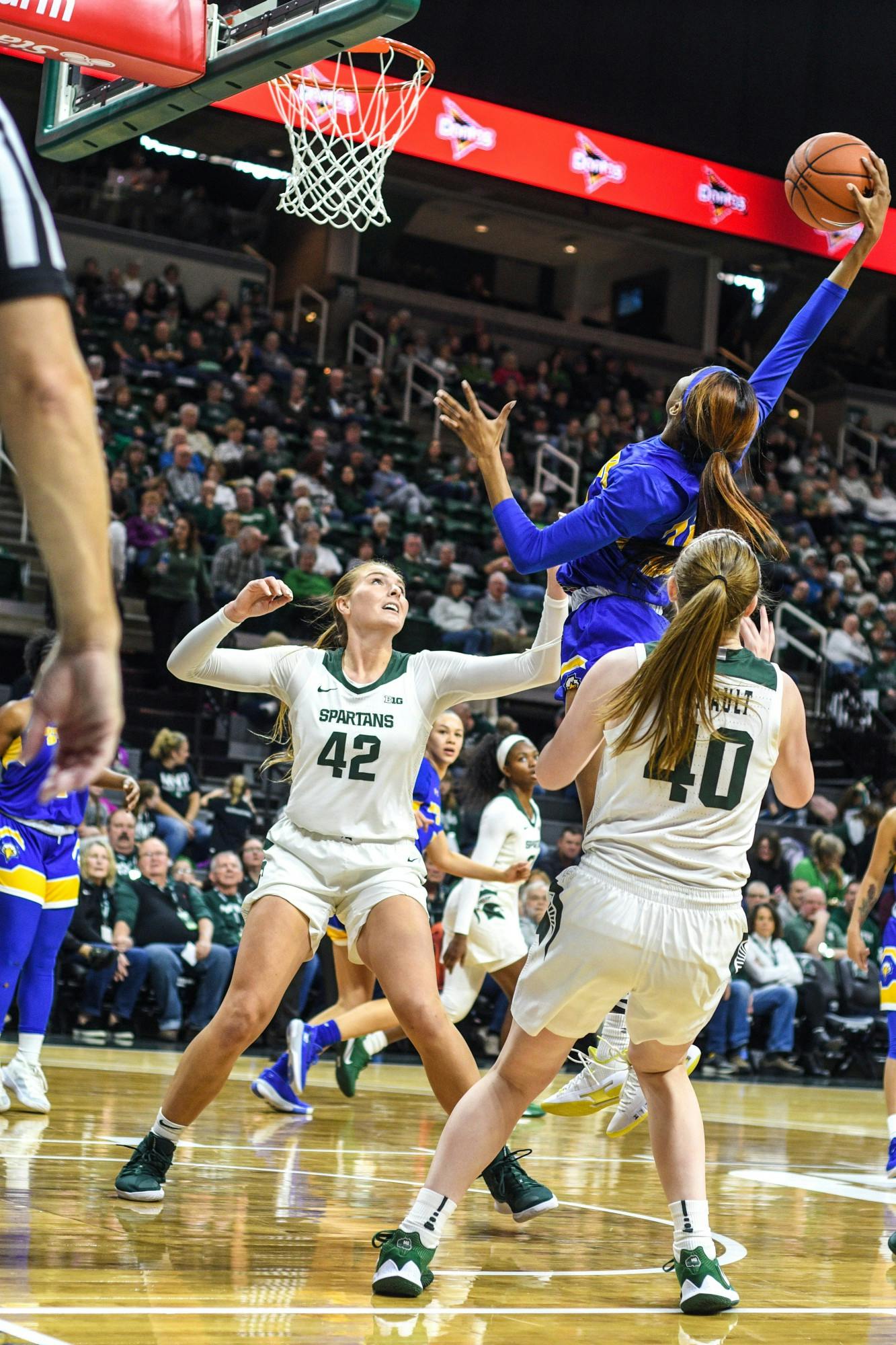 Morehead State’s forward Orlandra Humphries shoots the ball against MSU during the game against Morehead State at Breslin Center on Dec. 15, 2019. The Spartans defeated the Eagles, 93-48.