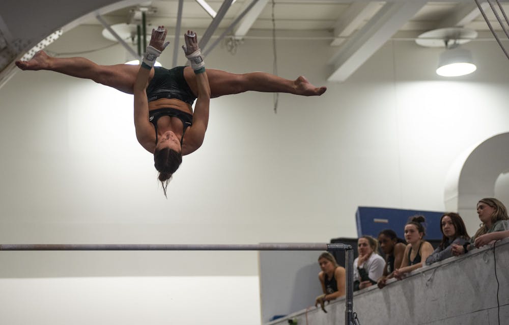 Junior all-around competitor Delanie Harkness at practice on Friday, March 24, 2023 - one week before the Spartans travel to Pittsburgh, Pa for the second round of the NCAA Regionals tournament. 