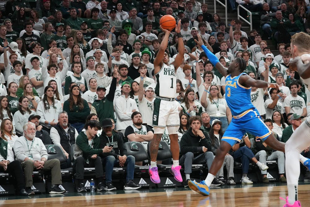 Michigan State sophomore Jeremy Fears Jr. (1) shoots the ball against UCLA at the Breslin Center in East Lansing, Michigan, on Tuesday, Feb. 17, 2026.