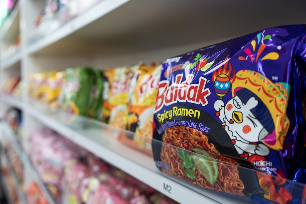 <p>Assorted ramen packets fill the shelves at Mochinut in East Lansing, Mich., on Sept. 8, 2026.</p>