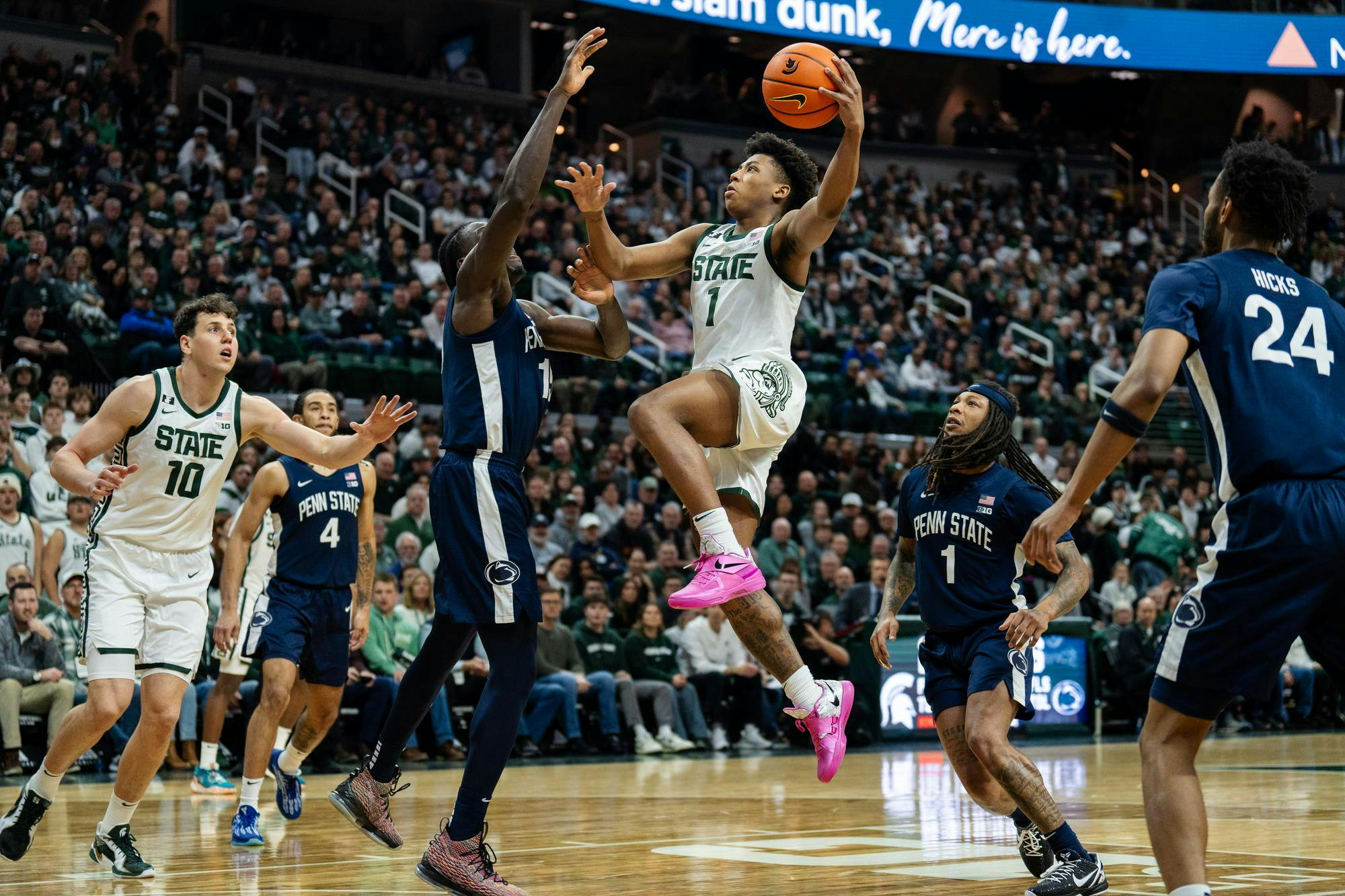 Redshirt freshman guard Jeremy Fears Jr. (1) attempts to score during the game against Penn State in the Breslin Center on Jan. 15, 2025.