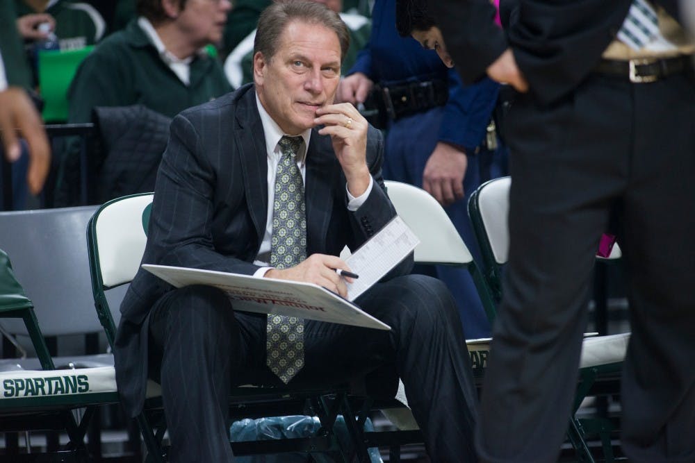 <p>Mens basketball head coach Tom Izzo watches the team warm up prior to the second half of the game against Florida Atlantic on Nov. 13, 2015 at Breslin Center. The Spartans defeated the Owls, 82-55.</p>