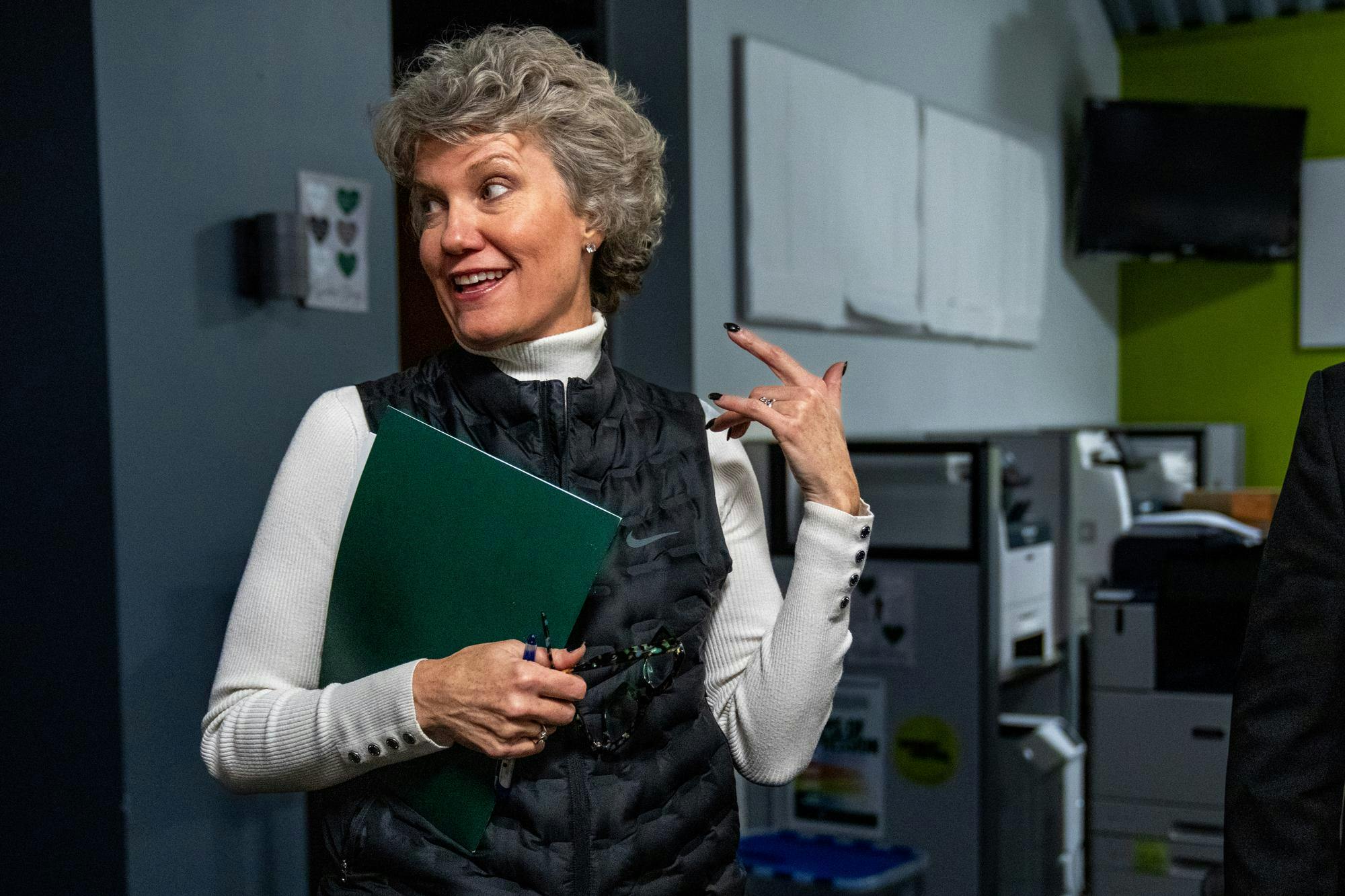 <p>MSU Vice President of University Advancement, Kim Tobin, speaks to State News reporters about the Greenlight program at the University Advancement office at Spartan Stadium in East Lansing, MI, on Thursday, Nov. 20, 2025.</p>