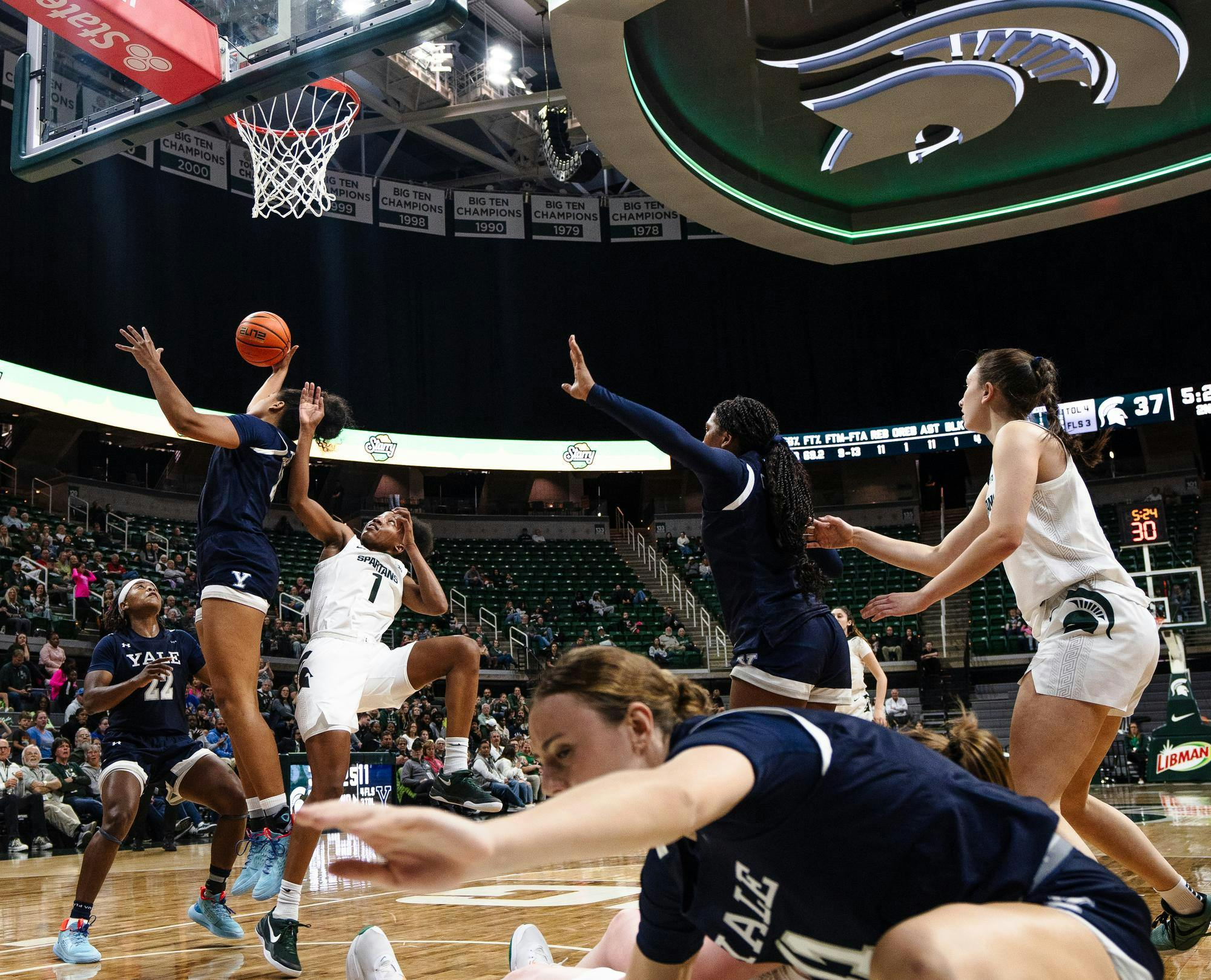 <p>Michigan State graduate student guard Jaddan Simmons (1) basket is blocked by Yale at the Breslin Center on Nov. 8, 2024.</p>