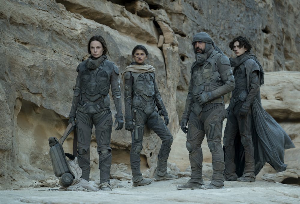 <p>DUNE © 2020 Warner Bros. Entertainment Inc. All Rights Reserved. Photo Credit: Chiabella James</p><p>(L-r) REBECCA FERGUSON as Lady Jessica Atreides, ZENDAYA as Chani, JAVIER BARDEM as Stilgar, and TIMOTHÉE CHALAMET as Paul Atreides in Warner Bros. Pictures’ and Legendary Pictures’ action-adventure “DUNE,” a Warner Bros. Pictures and Legendary release.</p>