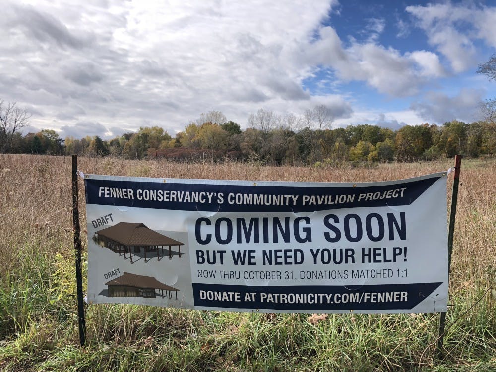 A sign at the Fenner Nature Center advertises a planned pavilion. The pavilion will provide the center with more space for educational programming. Photo courtesy of the Fenner Conservancy.