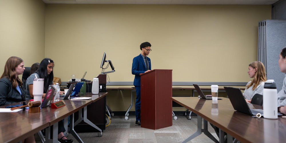 The runner-up for future ASMSU President and current ASMSU Vice President for Governmental Affairs, Deonte Sparks, gives his open remarks to the public in the Student Affairs & Services building in East Lansing, MI on April 14, 2026.