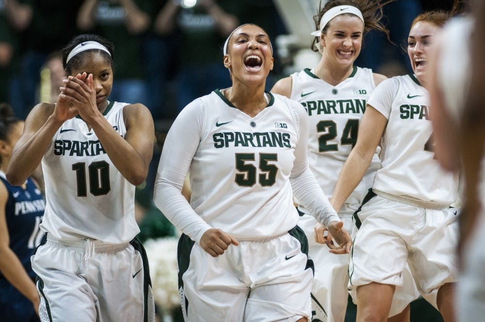Senior guard Branndais Agee (10), junior forward Kennedy Johnson (55), junior guard Lexi Gussert (24) and freshman guard Taryn McCutcheon (4) express emotion after the women's basketball game against Pennsylvania State University on Feb. 22, 2017 at Breslin Center. The Spartans defeated the Nittany Lions, 73-64.
