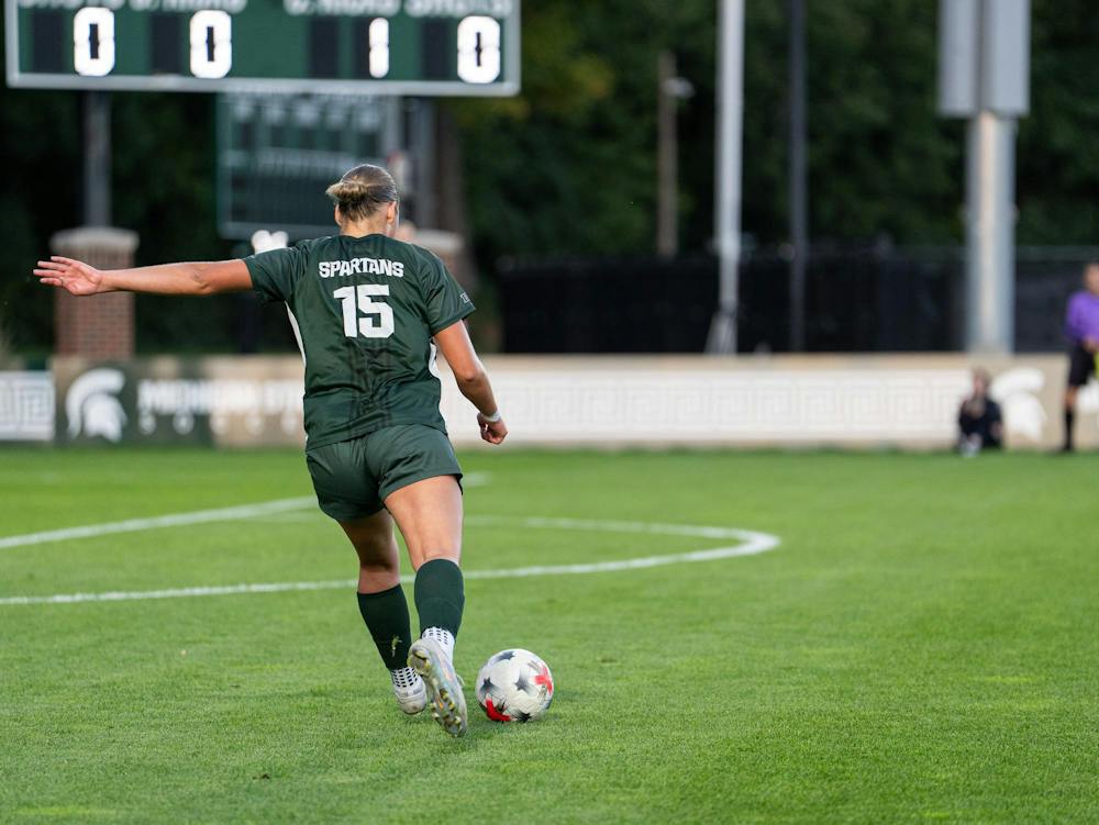 <p>Michigan State junior defender, Julia Belli (15) passes the ball across the field against Nebraska at DeMartin Stadium at East Lansing, Mich., on Thursday, Sept. 24, 2026.</p>