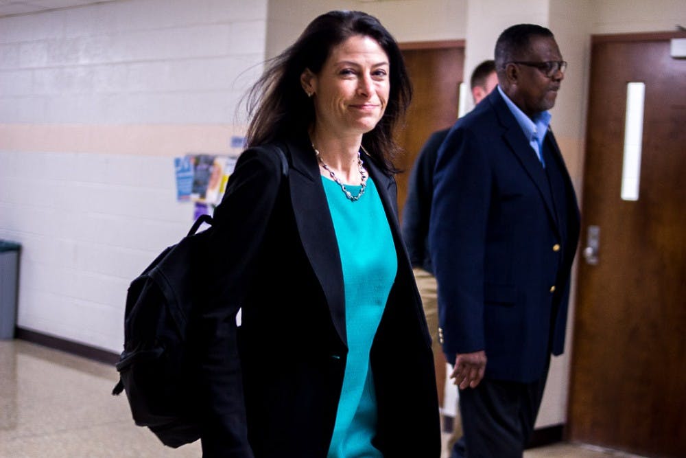 Dana Nessel enters Wells Hall on Oct. 22, 2018 for a meeting with MSU College Democrats. Nessel is running for Michigan attorney general in the upcoming election.