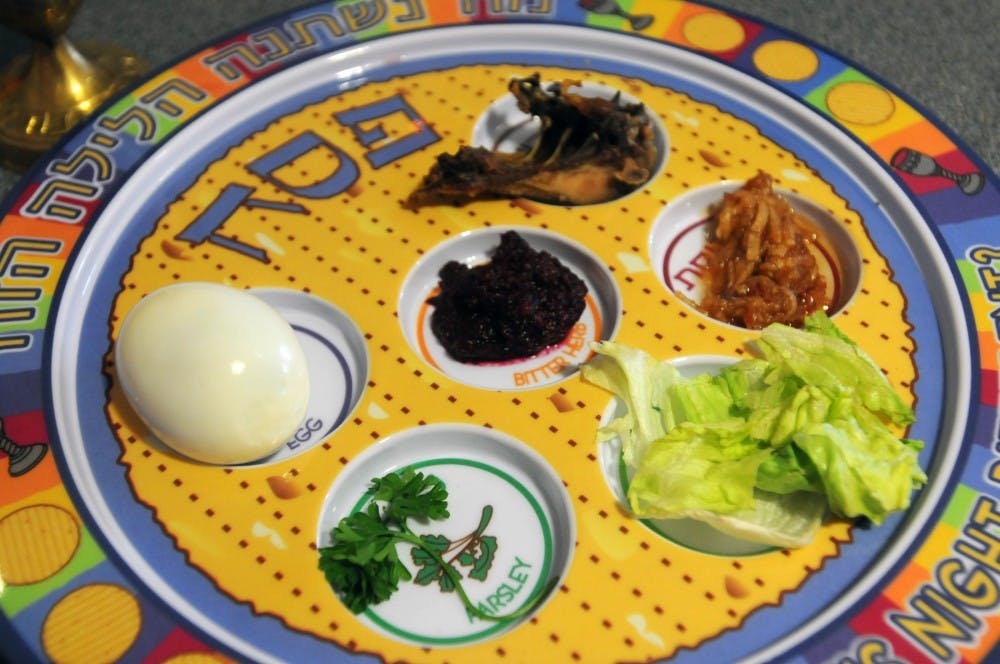 A  seder plate is shown on April 23. 2016 at the Lester and Jewell Morris Hillel Jewish Student Center on 360 Charles Street. Families, students and alumni were celebrating passover. 