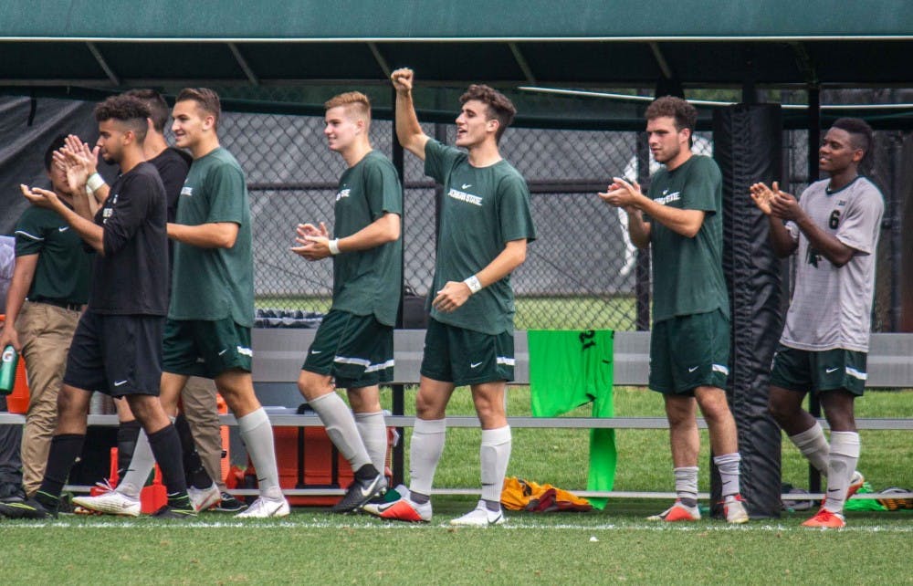 The Spartans cheer after a goal during the game against UC Riverside on Sept. 2, 2018 at DeMartin Stadium. The Spartans defeated the Highlanders: 5-1.