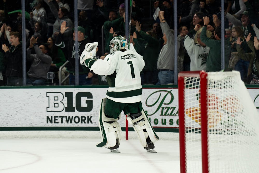 <p>Michigan State goaltender No. 1 Trey Augustine celebrates the go-ahead goal at Munn Ice Arena in East Lansing, Michigan on Jan. 26, 2024. Michigan State secured a huge win to take a commanding lead of first in the Big Ten.</p>