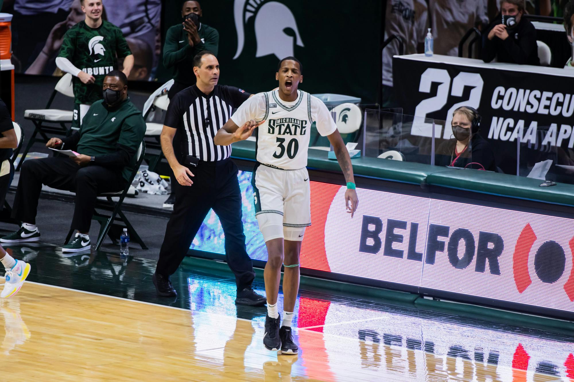 Junior forward Marcus Bingham Jr. celebrates a block during the Spartans' 55-54 loss to Purdue on Jan. 8, 2021.