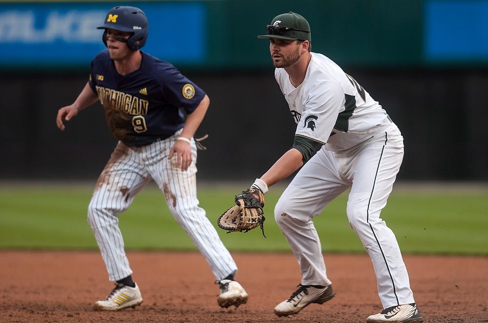 <p>Senior first baseman Ryan Krill stands at first base April 14, 2015, during the game against Michigan at Comerica Park in Detroit. The Spartans defeated the Wolverines, 4-2. Allyson Telgenhof/The State News.</p>