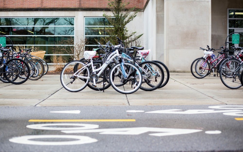 Locked bikes on March 1, 2017 at Erickson Hall.