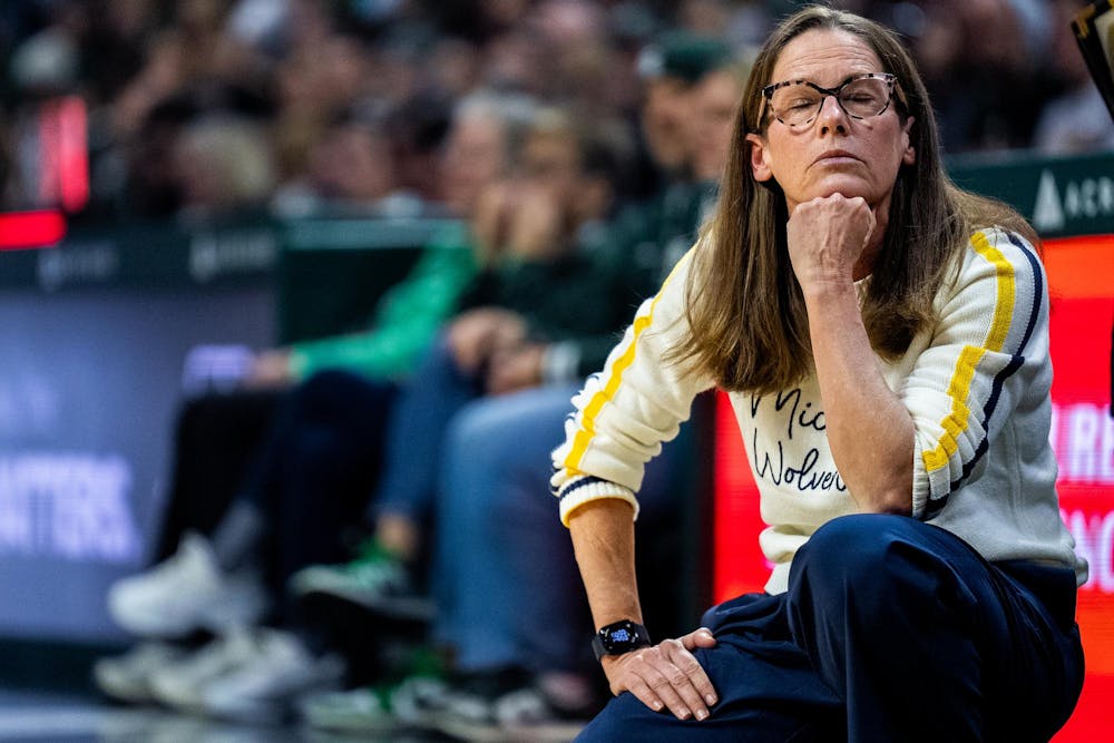 Michigan Wolverines head coach Kim Barnes Arico has a quite moment during the women’s rivalry matchup at the Breslin Student Events Center in East Lansing, Mich., on Sunday, Feb. 1, 2026.