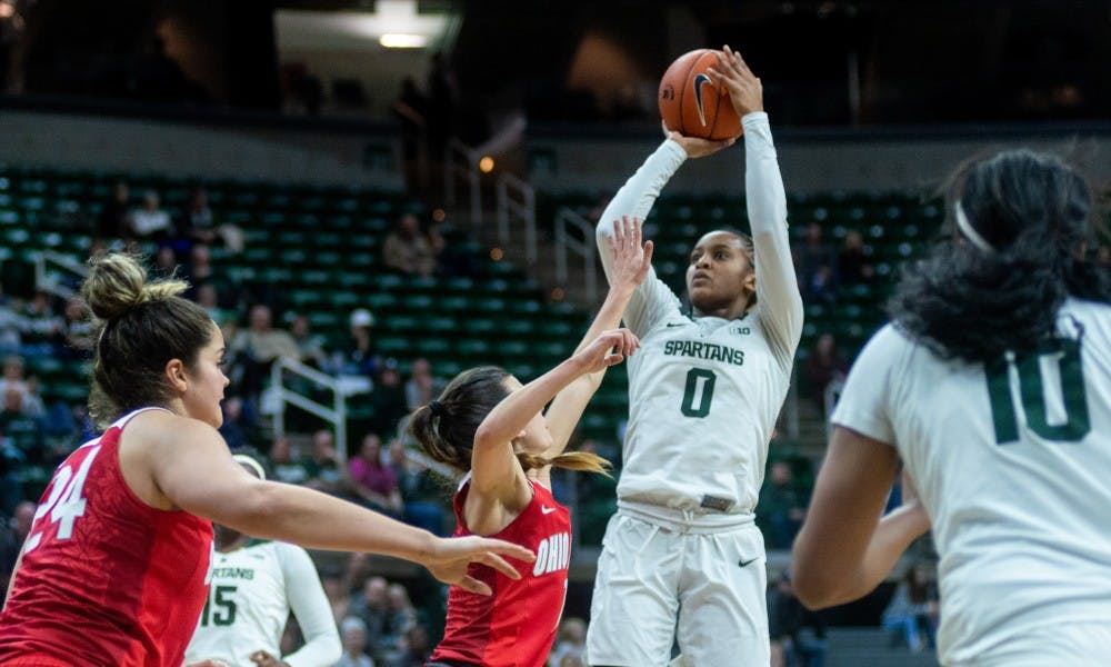 <p>Junior guard Shay Colley (0) takes a shot against Ohio State. The Spartans lost to the Buckeyes, 70-77, Feb. 21, 2019 at the Breslin Center.</p>